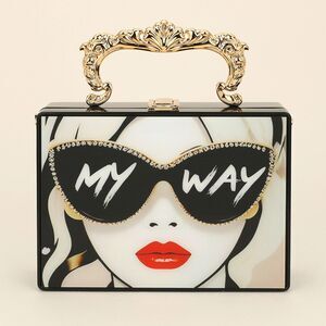 White Pop Art MY WAY Rectangle Black Sunglasses Statement Crossbody Purse Gold